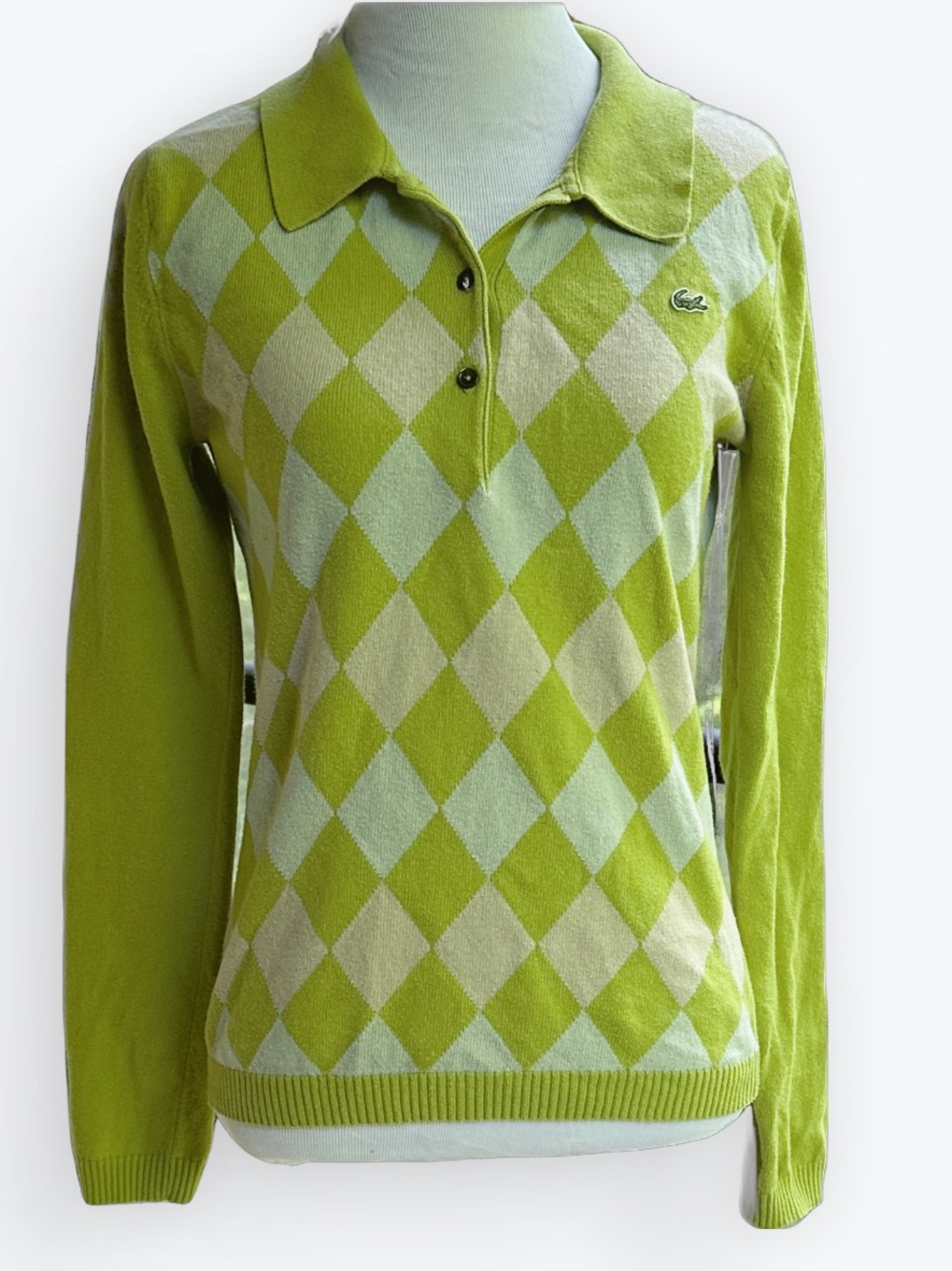Ivy League Country Club Lacoste Lime Argyle Logo Knit Polo Sweater ~ Women’s 40